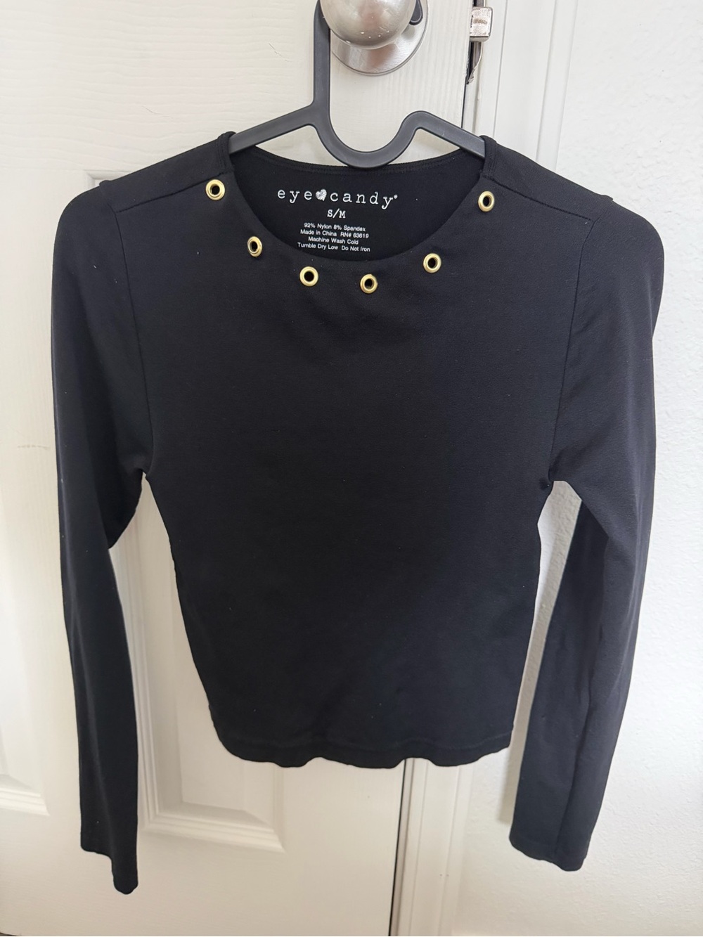 eye candy Black Long-Sleeve Top with Gold Grommet Neckline
